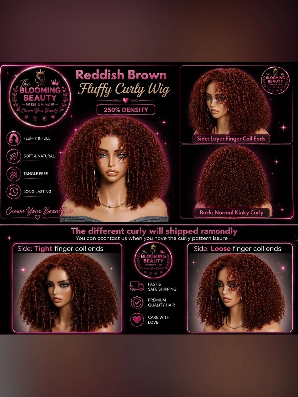 Reddish Brown Fluffy Curly Wig - Voluminous 250% Density